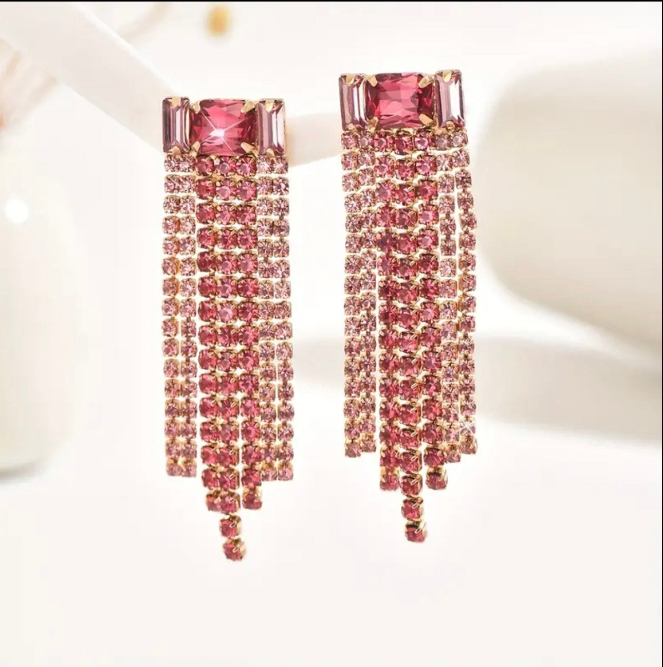 Pink Long Rhinestone Earrings with Statement Stone