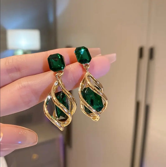 Emerald Green Stone Earrings With Gold