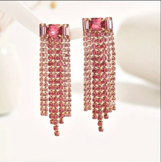 Pink Long Rhinestone Earrings with Statement Stone