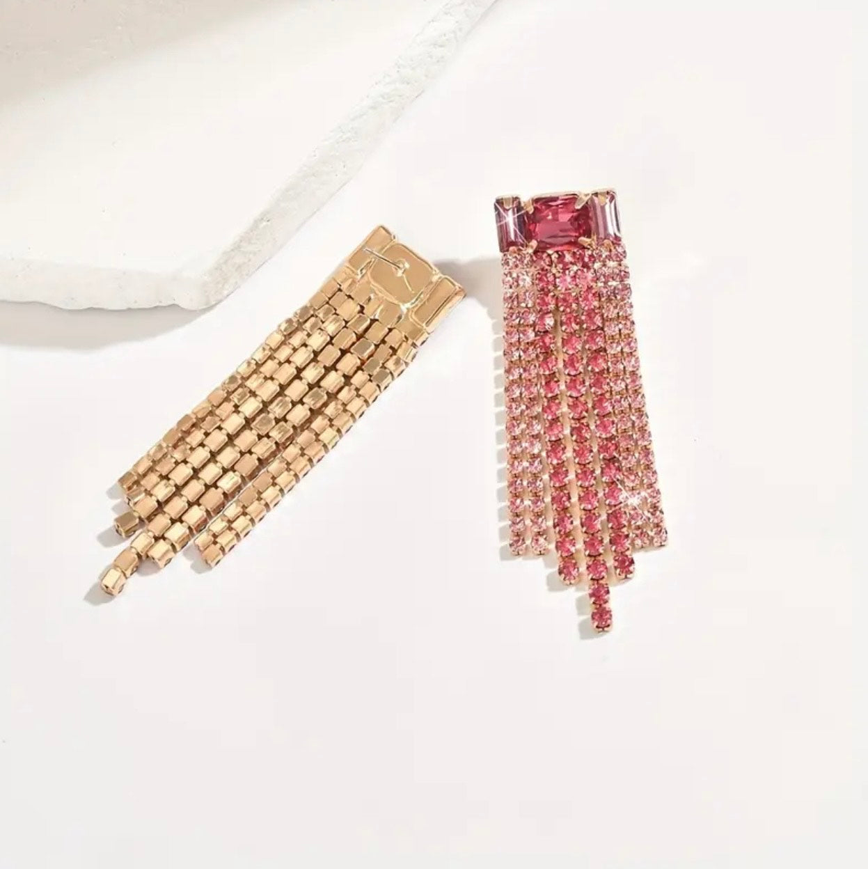 Pink Long Rhinestone Earrings with Statement Stone
