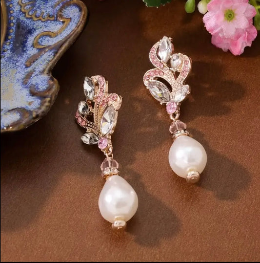 Rhinestone and Pearl Baby Pink Earrings