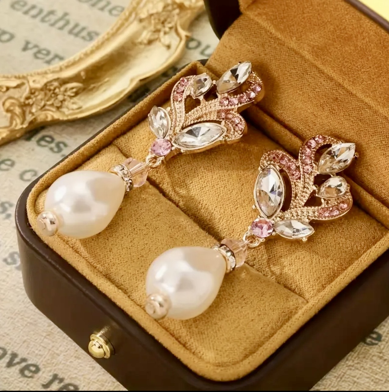 Rhinestone and Pearl Baby Pink Earrings